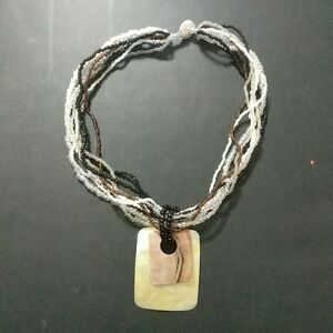 Black White Brown Seed Bead Multi Strand Shell Pendant Statement Necklace